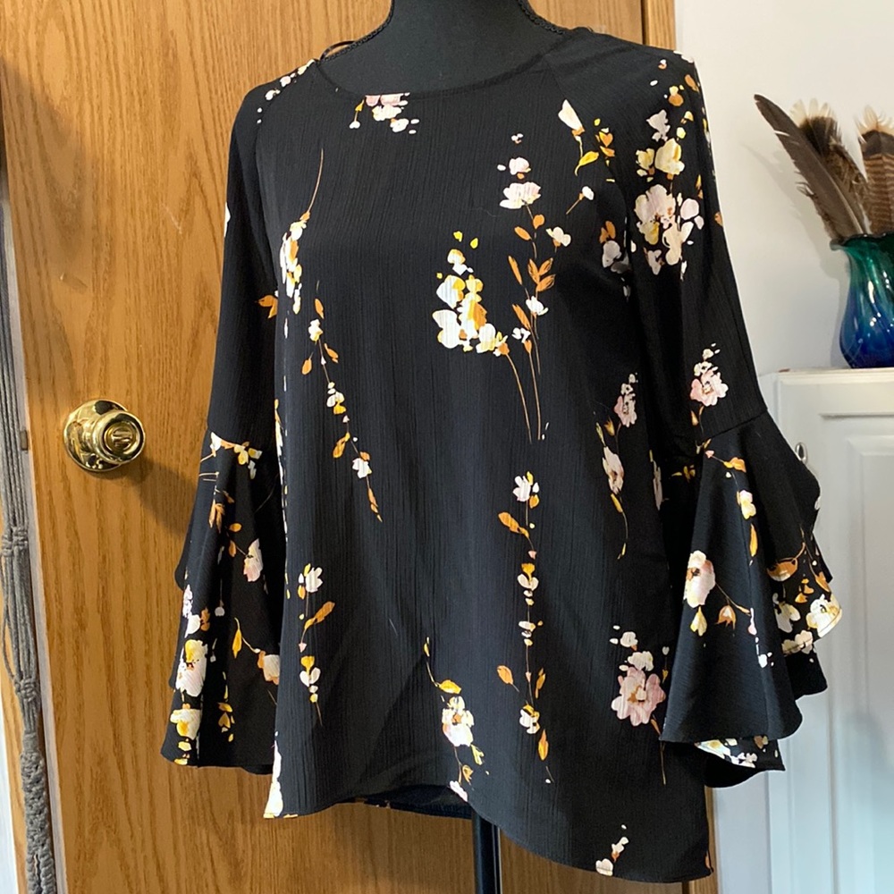 Black floral top with Flutter sleeves